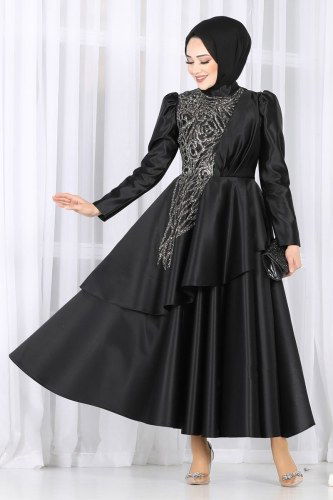 moda selvim Asil Saten Midi Abiye 6464YG95 Siyah - Thumbnail