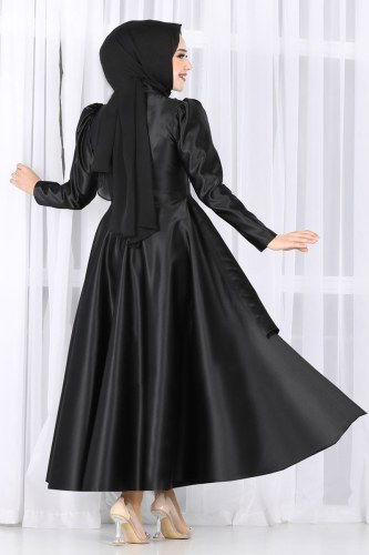 moda selvim Asil Saten Midi Abiye 6464YG95 Siyah - Thumbnail