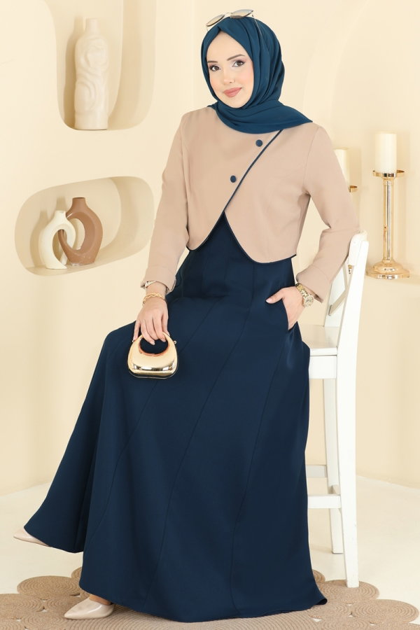 Modaselvim Kombin Asimetrik Ceketli Dabıl Takım 2782SL432 Petrol&Taş