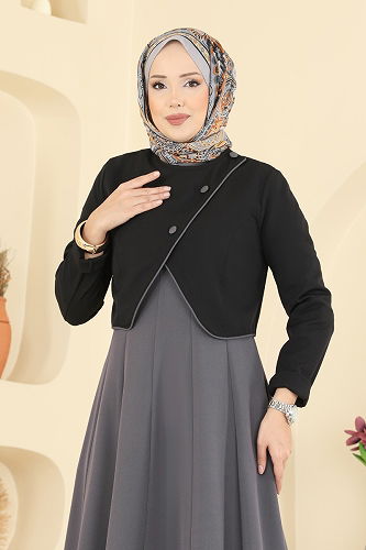 moda selvim Asimetrik Ceketli Dabıl Takım 2782SL432 Siyah&Antrasit - Thumbnail