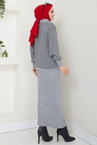 moda selvim Asimetrik Çizgili Kazaklı Takım 9003UZ662 Gri - Thumbnail