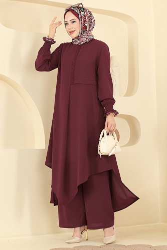 moda selvim Asimetrik Dantel Detaylı 2 li Takım PL9247 Bordo - Thumbnail