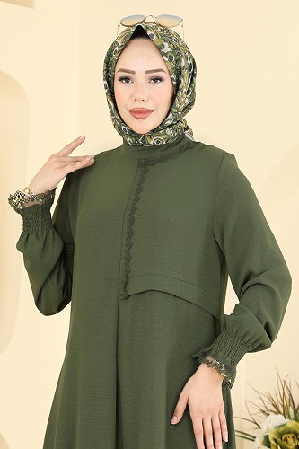 moda selvim Asimetrik Dantel Detaylı 2 li Takım PL9247 Haki - Thumbnail