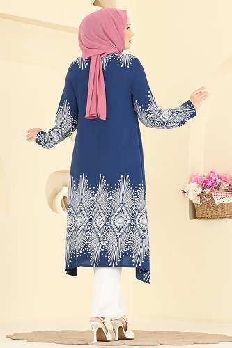 moda selvim Asimetrik Desenli Viskon Tunik 1013ZNNK1102 İndigo - Thumbnail