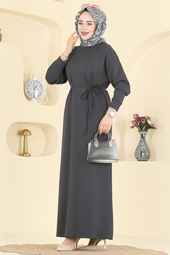 moda selvim Asimetrik Dikiş Detaylı Elbise 2604ERK1158 Açık Antrasit - Thumbnail