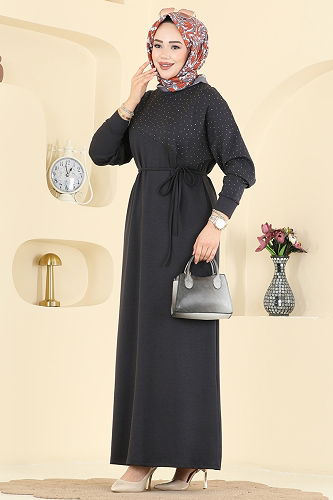 moda selvim Asimetrik Dikiş Detaylı Elbise 2604ERK1158 Antrasit - Thumbnail