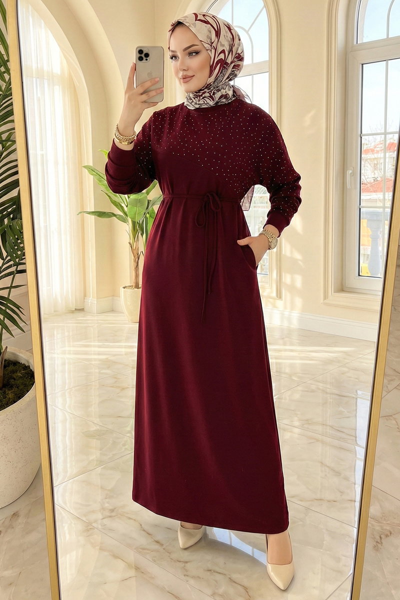 Asimetrik Dikiş Detaylı Elbise 2604ERK1158 Bordo