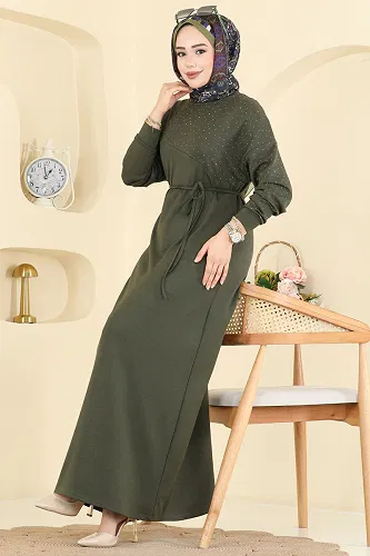 moda selvim Asimetrik Dikiş Detaylı Elbise 2604ERK1158 Haki - Thumbnail