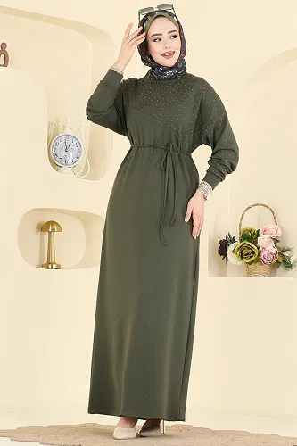 moda selvim Asimetrik Dikiş Detaylı Elbise 2604ERK1158 Haki - Thumbnail