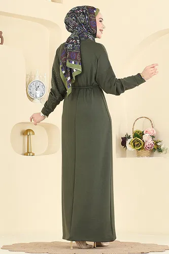 moda selvim Asimetrik Dikiş Detaylı Elbise 2604ERK1158 Haki - Thumbnail