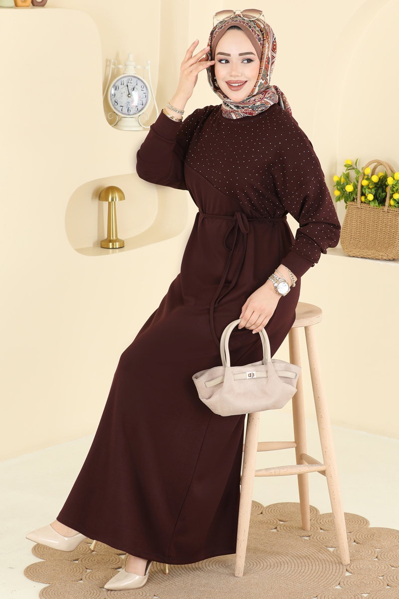 Asimetrik Dikiş Detaylı Elbise 2604ERK1158 Kahve