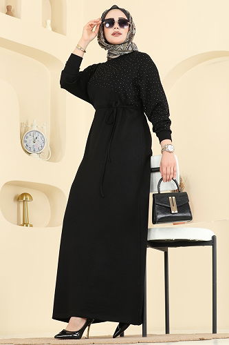 moda selvim Asimetrik Dikiş Detaylı Elbise 2604ERK1158 Siyah - Thumbnail