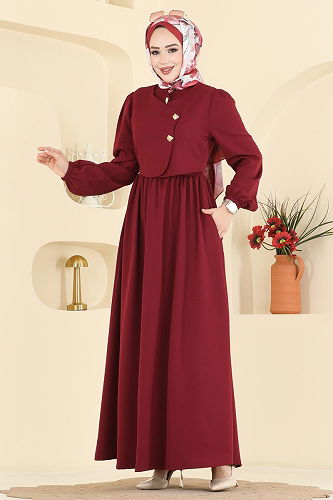 moda selvim Asimetrik Düğmeli Dabıl Elbise 2805SL432 Bordo - Thumbnail