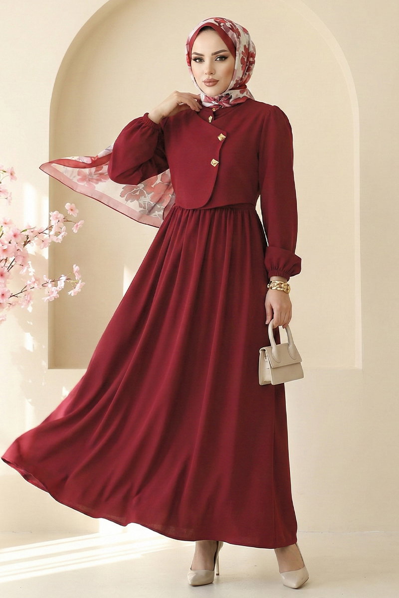 Asimetrik Düğmeli Dabıl Elbise 2805SL432 Bordo