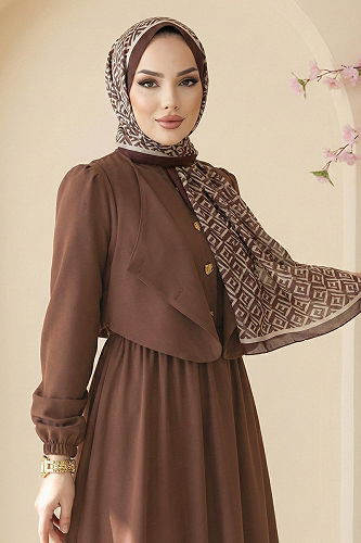 moda selvim Asimetrik Düğmeli Dabıl Elbise 2805SL432 Kahve - Thumbnail