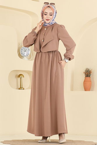 moda selvim Asimetrik Düğmeli Dabıl Elbise 2805SL432 Koyu Vizyon - Thumbnail