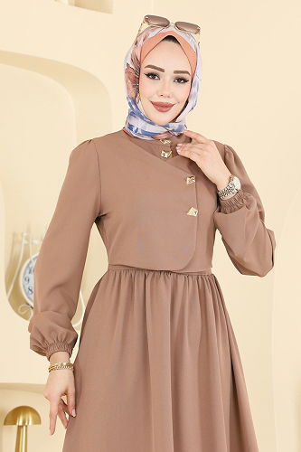 moda selvim Asimetrik Düğmeli Dabıl Elbise 2805SL432 Koyu Vizyon - Thumbnail