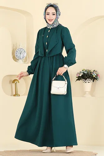 moda selvim Asimetrik Düğmeli Dabıl Elbise 2805SL432 Petrol - Thumbnail