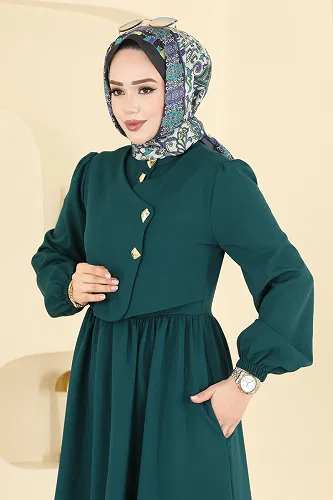 moda selvim Asimetrik Düğmeli Dabıl Elbise 2805SL432 Petrol - Thumbnail