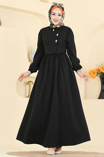 moda selvim Asimetrik Düğmeli Dabıl Elbise 2805SL432 Siyah - Thumbnail