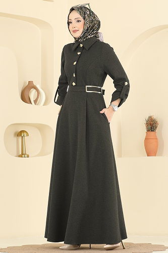 moda selvim Asimetrik Düğmeli Tivit Elbise 2770SL432 Haki - Thumbnail