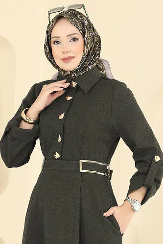 moda selvim Asimetrik Düğmeli Tivit Elbise 2770SL432 Haki - Thumbnail