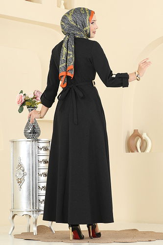 moda selvim Asimetrik Düğmeli Tivit Elbise 2770SL432 Siyah - Thumbnail