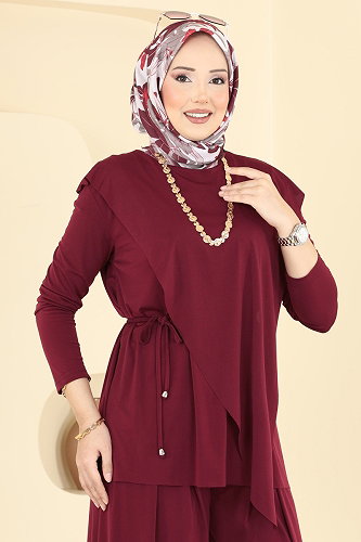 moda selvim Asimetrik Kemerli Sandy 2 li Takım 4101MEY846 Bordo - Thumbnail