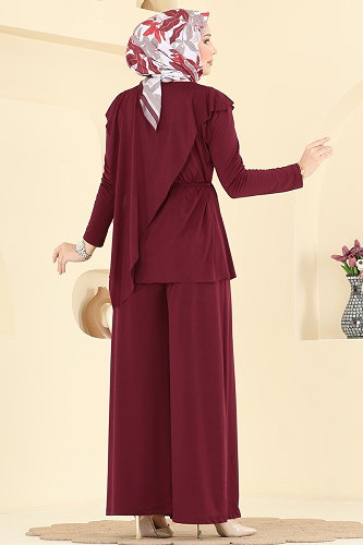 moda selvim Asimetrik Kemerli Sandy 2 li Takım 4101MEY846 Bordo - Thumbnail