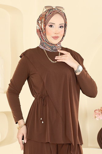 moda selvim Asimetrik Kemerli Sandy 2 li Takım 4101MEY846 Kahve - Thumbnail