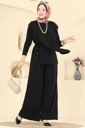 moda selvim Asimetrik Kemerli Sandy 2 li Takım 4101MEY846 Siyah - Thumbnail