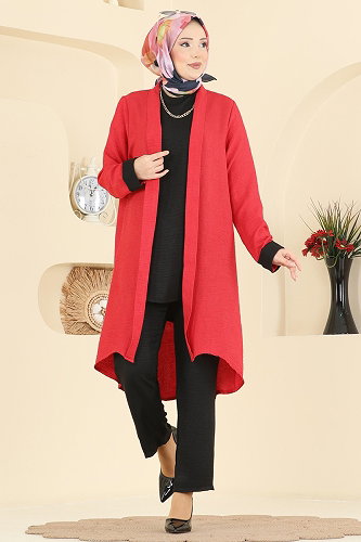 moda selvim Asimetrik Kesim 3 lü Takım 3129HBS856 Kırmızı&Siyah - Thumbnail