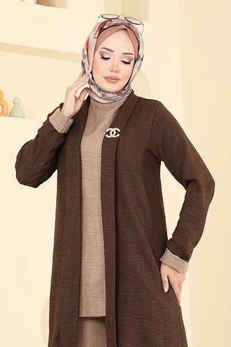 moda selvim Asimetrik Kesim 3 lü Takım 3129HBS856 Koyu Vizyon&Kahve - Thumbnail