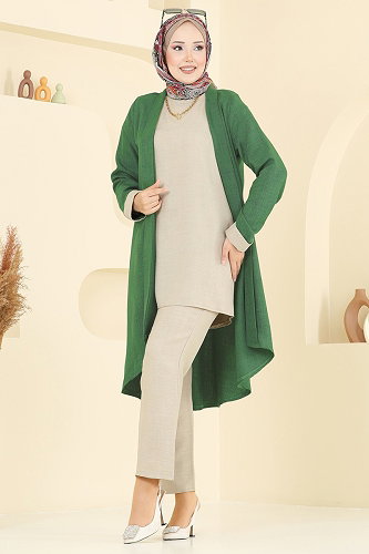 moda selvim Asimetrik Kesim 3 lü Takım 3129HBS856 Yeşil&Taş - Thumbnail