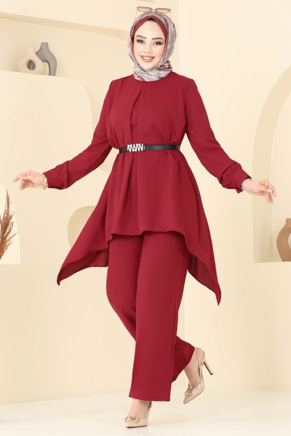 Modaselvim Kombin Asimetrik Kesim Dubai İpeği Takım 353ASN888 Bordo