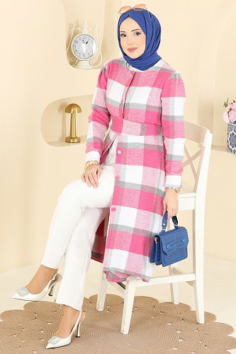 moda selvim Asimetrik Kesim Ekose Kap 24089UKBK1160 Fuşya - Thumbnail