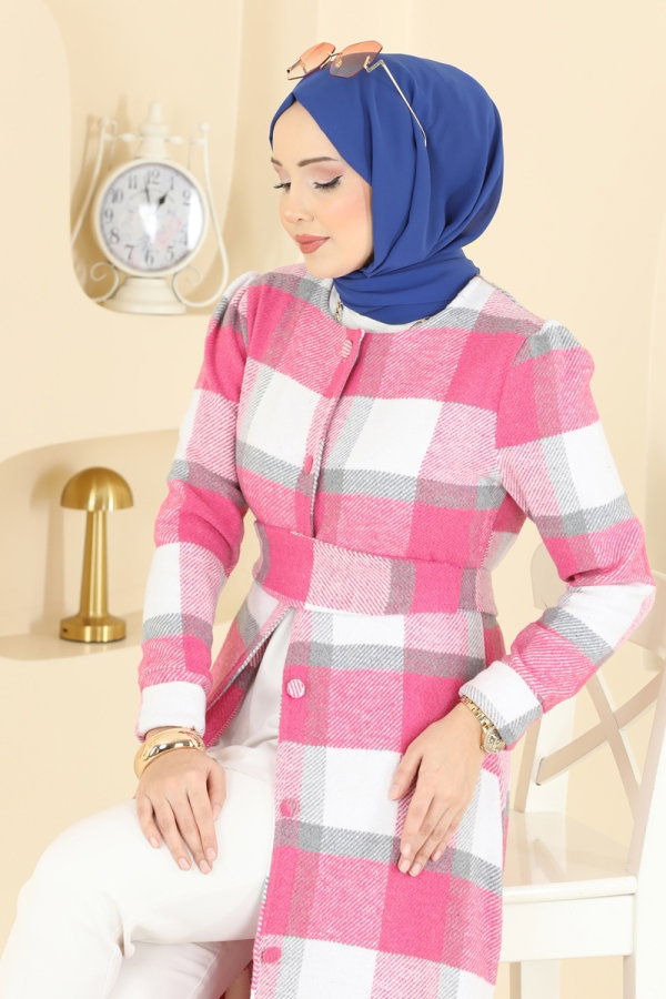 Asimetrik Kesim Ekose Kap 24089UKBK1160 Fuşya - Moda Selvim