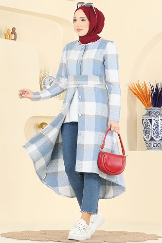 moda selvim Asimetrik Kesim Ekose Kap 24089UKBK1160 Mavi - Thumbnail