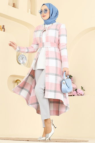 moda selvim Asimetrik Kesim Ekose Kap 24089UKBK1160 Pudra - Thumbnail