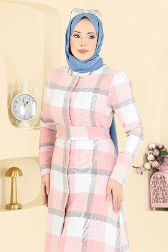 moda selvim Asimetrik Kesim Ekose Kap 24089UKBK1160 Pudra - Thumbnail