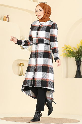 moda selvim Asimetrik Kesim Ekose Kap 24089UKBK1160 Siyah - Thumbnail