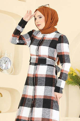 moda selvim Asimetrik Kesim Ekose Kap 24089UKBK1160 Siyah - Thumbnail