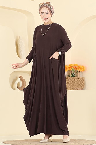 moda selvim Asimetrik Kesim Elbise 5656ZNNK1102 Acı Kahve - Thumbnail