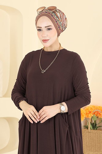 moda selvim Asimetrik Kesim Elbise 5656ZNNK1102 Acı Kahve - Thumbnail