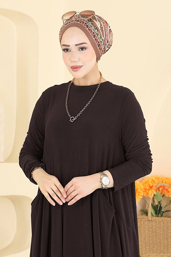 moda selvim Asimetrik Kesim Elbise 5656ZNNK1102 Acı Kahve - Thumbnail