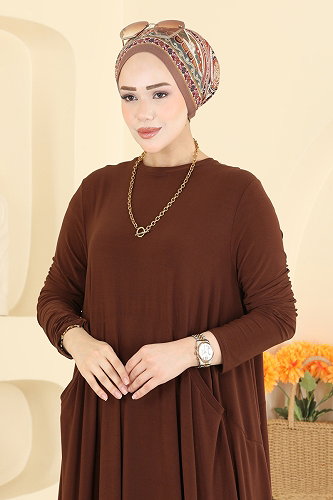 moda selvim Asimetrik Kesim Elbise 5656ZNNK1102 Kahve - Thumbnail
