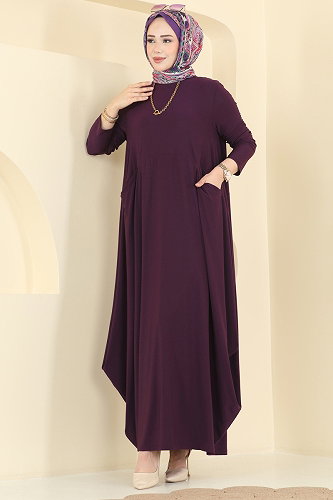 moda selvim Asimetrik Kesim Elbise 5656ZNNK1102 Mürdüm - Thumbnail
