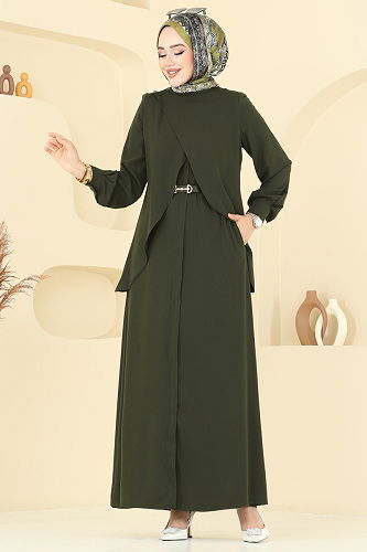 moda selvim Asimetrik Kesim Elbise Ferace 112OZT1013 Haki - Thumbnail