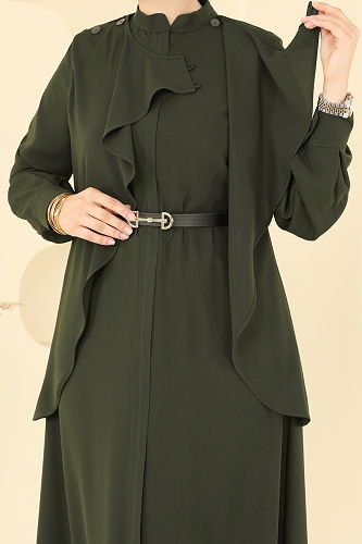 moda selvim Asimetrik Kesim Elbise Ferace 112OZT1013 Haki - Thumbnail