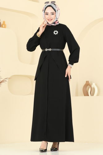 moda selvim Asimetrik Kesim Elbise Ferace 112OZT1013 Siyah - Thumbnail
